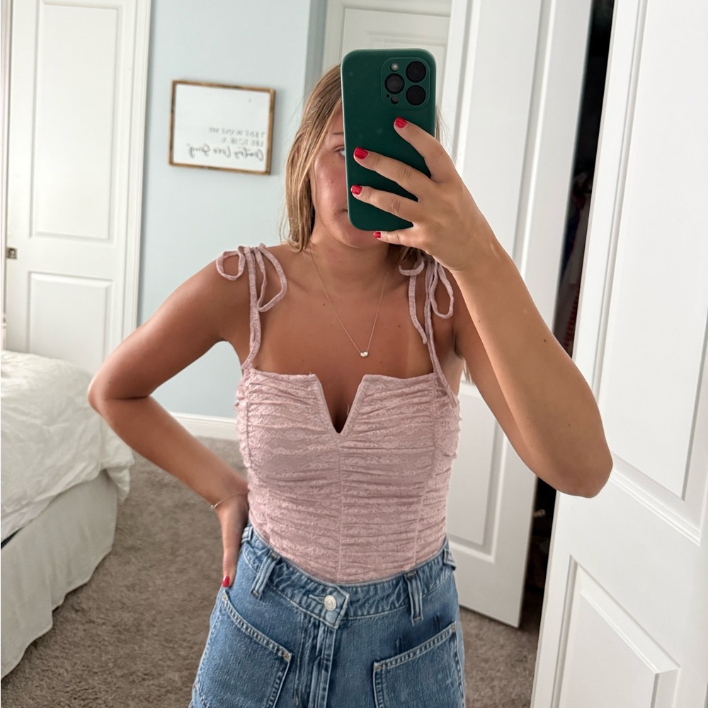 Le Lis Pink Lace Ruched Bodysuit